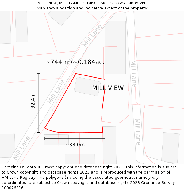 MILL VIEW, MILL LANE, BEDINGHAM, BUNGAY, NR35 2NT: Plot and title map