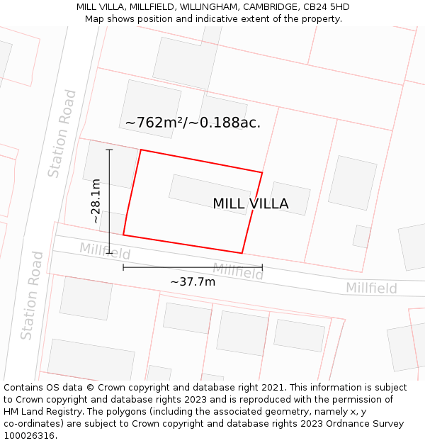 MILL VILLA, MILLFIELD, WILLINGHAM, CAMBRIDGE, CB24 5HD: Plot and title map