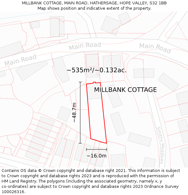 MILLBANK COTTAGE, MAIN ROAD, HATHERSAGE, HOPE VALLEY, S32 1BB: Plot and title map