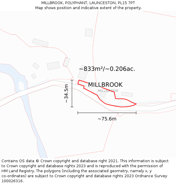 MILLBROOK, POLYPHANT, LAUNCESTON, PL15 7PT: Plot and title map