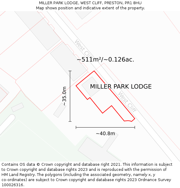 MILLER PARK LODGE, WEST CLIFF, PRESTON, PR1 8HU: Plot and title map