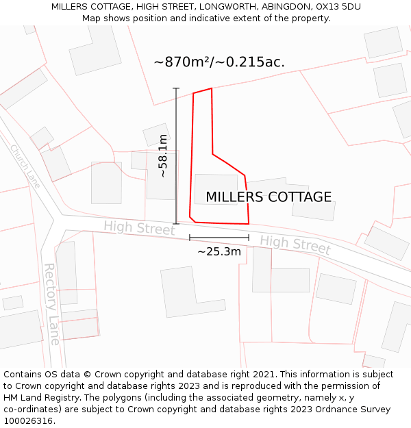 MILLERS COTTAGE, HIGH STREET, LONGWORTH, ABINGDON, OX13 5DU: Plot and title map