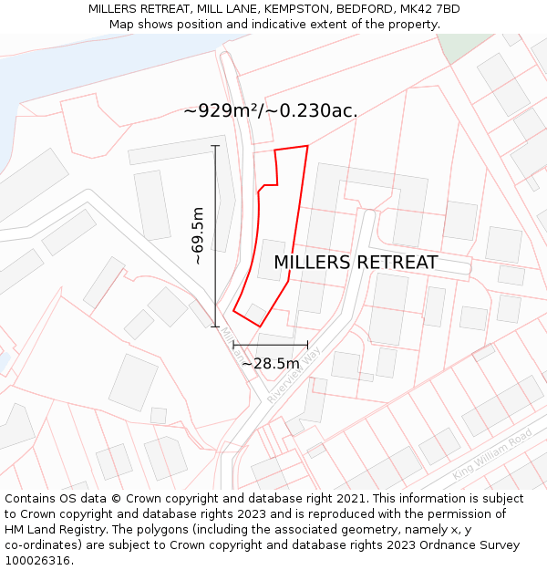 MILLERS RETREAT, MILL LANE, KEMPSTON, BEDFORD, MK42 7BD: Plot and title map