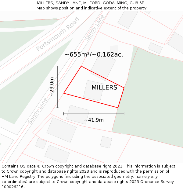 MILLERS, SANDY LANE, MILFORD, GODALMING, GU8 5BL: Plot and title map