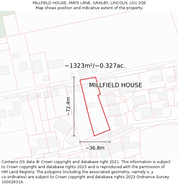 MILLFIELD HOUSE, MAYS LANE, SAXILBY, LINCOLN, LN1 2QE: Plot and title map