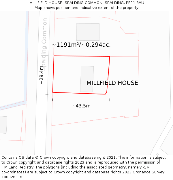 MILLFIELD HOUSE, SPALDING COMMON, SPALDING, PE11 3AU: Plot and title map