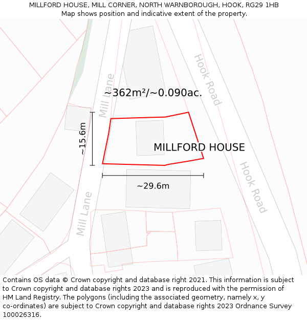 MILLFORD HOUSE, MILL CORNER, NORTH WARNBOROUGH, HOOK, RG29 1HB: Plot and title map