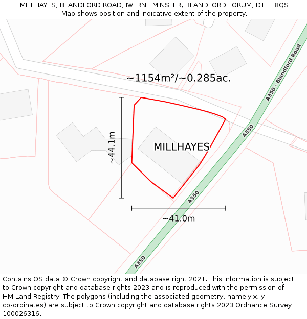 MILLHAYES, BLANDFORD ROAD, IWERNE MINSTER, BLANDFORD FORUM, DT11 8QS: Plot and title map