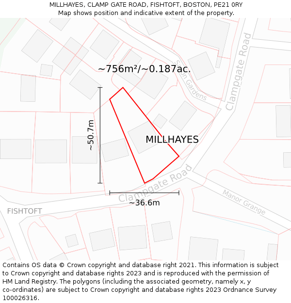 MILLHAYES, CLAMP GATE ROAD, FISHTOFT, BOSTON, PE21 0RY: Plot and title map