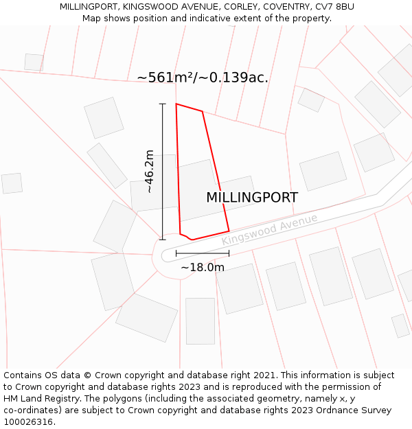 MILLINGPORT, KINGSWOOD AVENUE, CORLEY, COVENTRY, CV7 8BU: Plot and title map
