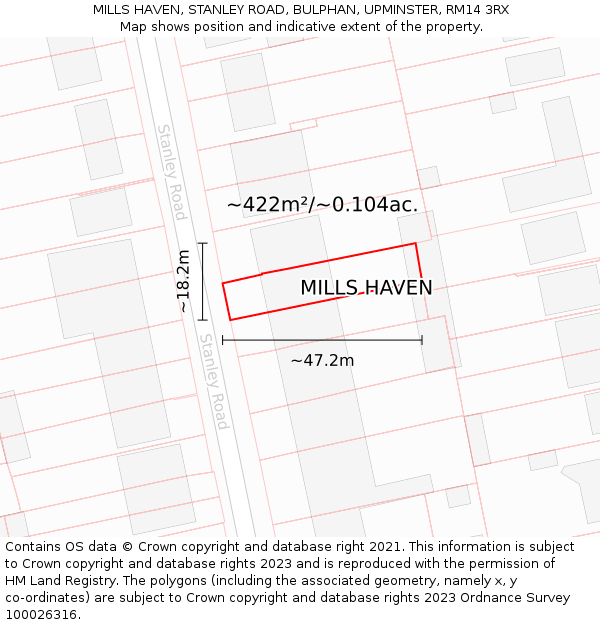 MILLS HAVEN, STANLEY ROAD, BULPHAN, UPMINSTER, RM14 3RX: Plot and title map