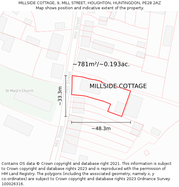 MILLSIDE COTTAGE, 9, MILL STREET, HOUGHTON, HUNTINGDON, PE28 2AZ: Plot and title map