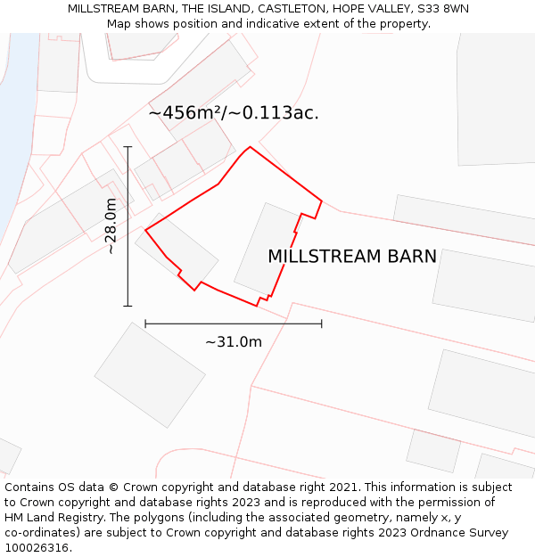 MILLSTREAM BARN, THE ISLAND, CASTLETON, HOPE VALLEY, S33 8WN: Plot and title map