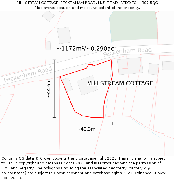 MILLSTREAM COTTAGE, FECKENHAM ROAD, HUNT END, REDDITCH, B97 5QG: Plot and title map