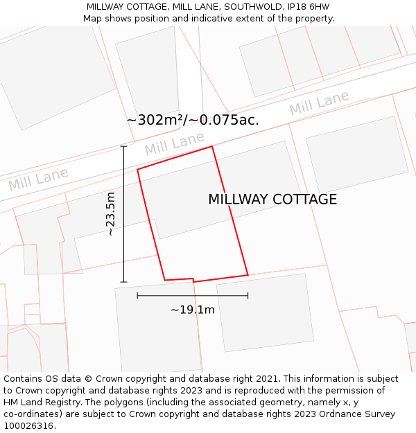 MILLWAY COTTAGE, MILL LANE, SOUTHWOLD, IP18 6HW: Plot and title map