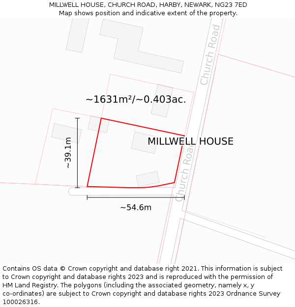 MILLWELL HOUSE, CHURCH ROAD, HARBY, NEWARK, NG23 7ED: Plot and title map