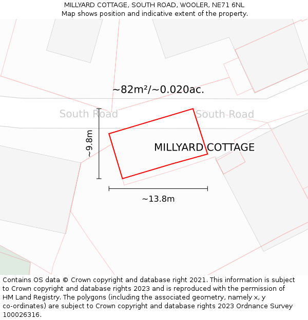 MILLYARD COTTAGE, SOUTH ROAD, WOOLER, NE71 6NL: Plot and title map