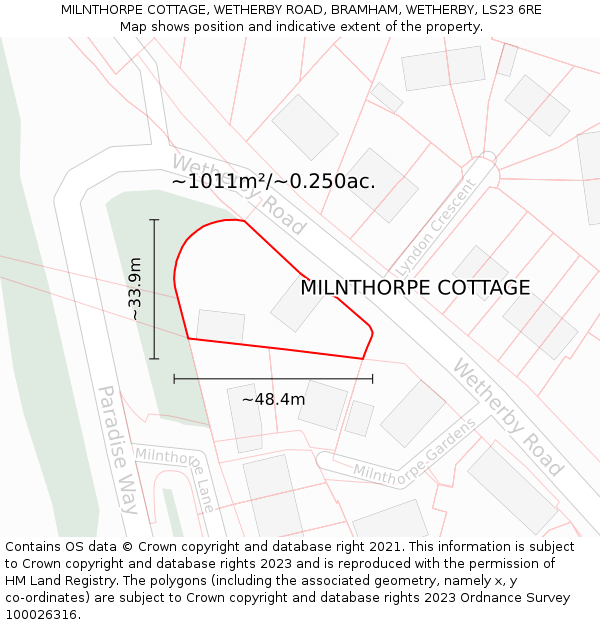 MILNTHORPE COTTAGE, WETHERBY ROAD, BRAMHAM, WETHERBY, LS23 6RE: Plot and title map