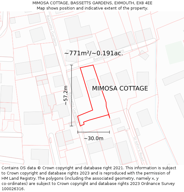 MIMOSA COTTAGE, BASSETTS GARDENS, EXMOUTH, EX8 4EE: Plot and title map