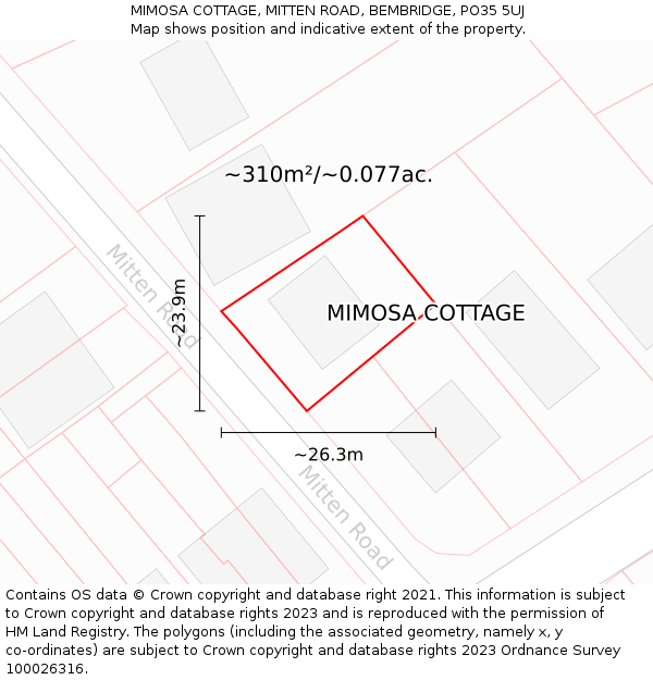 MIMOSA COTTAGE, MITTEN ROAD, BEMBRIDGE, PO35 5UJ: Plot and title map