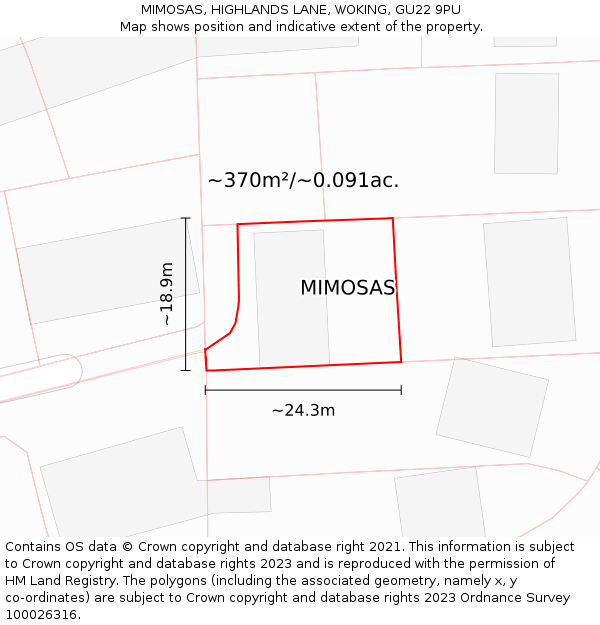 MIMOSAS, HIGHLANDS LANE, WOKING, GU22 9PU: Plot and title map