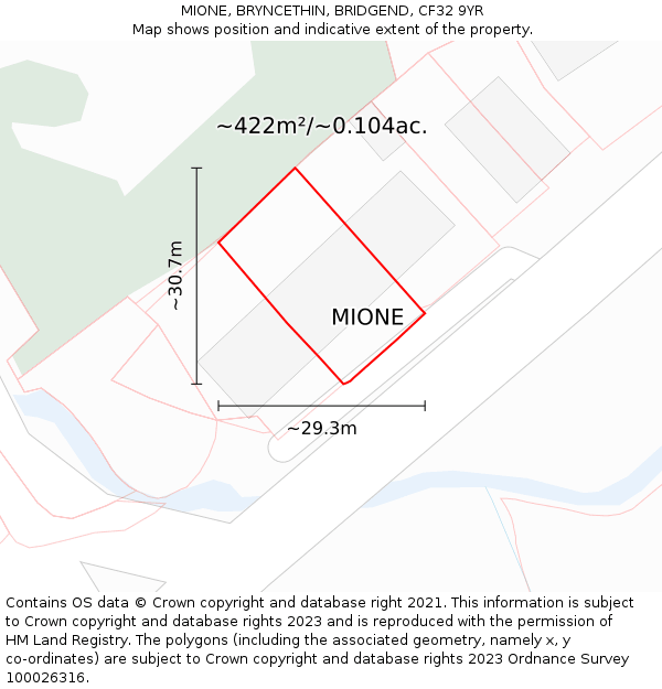 MIONE, BRYNCETHIN, BRIDGEND, CF32 9YR: Plot and title map