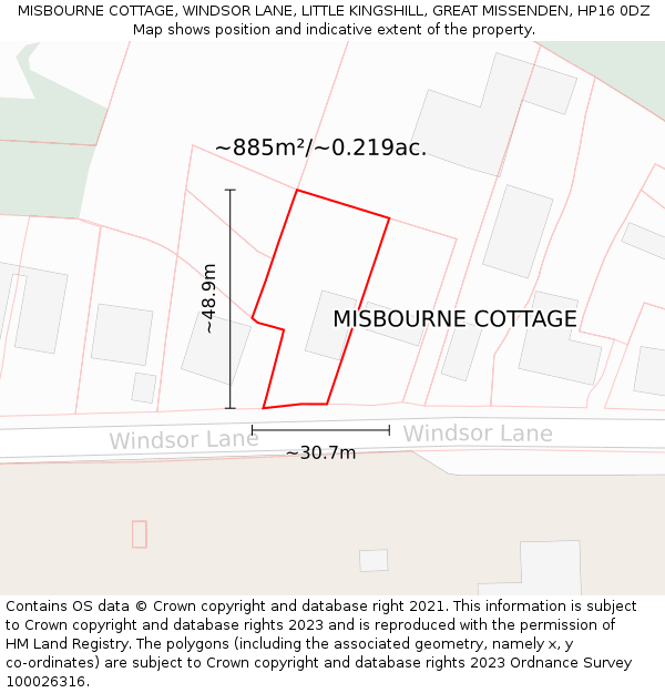 MISBOURNE COTTAGE, WINDSOR LANE, LITTLE KINGSHILL, GREAT MISSENDEN, HP16 0DZ: Plot and title map