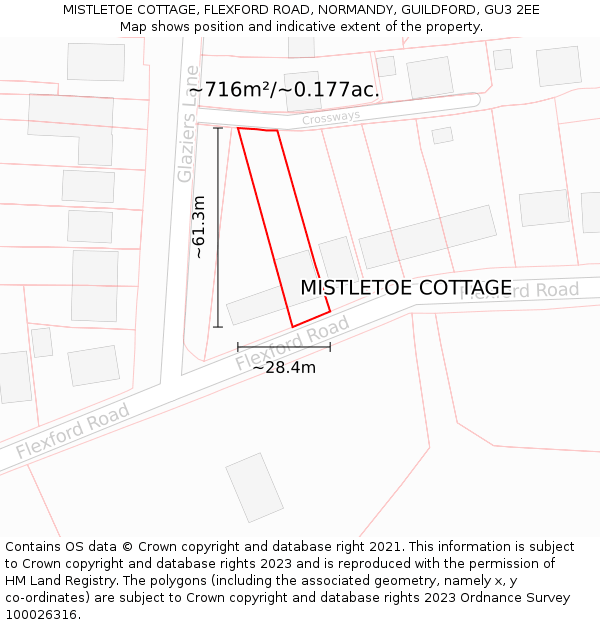 MISTLETOE COTTAGE, FLEXFORD ROAD, NORMANDY, GUILDFORD, GU3 2EE: Plot and title map