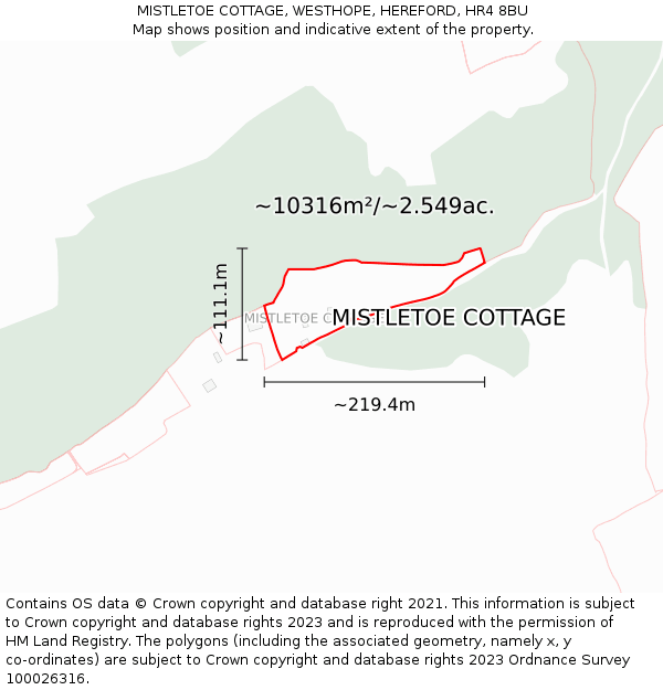 MISTLETOE COTTAGE, WESTHOPE, HEREFORD, HR4 8BU: Plot and title map