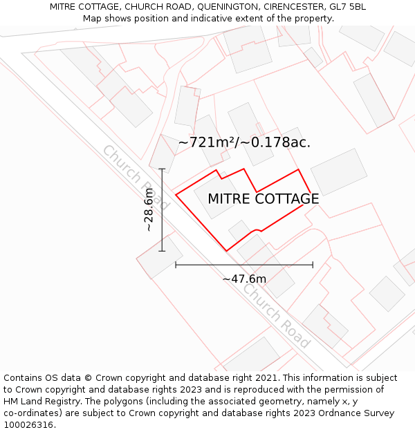MITRE COTTAGE, CHURCH ROAD, QUENINGTON, CIRENCESTER, GL7 5BL: Plot and title map