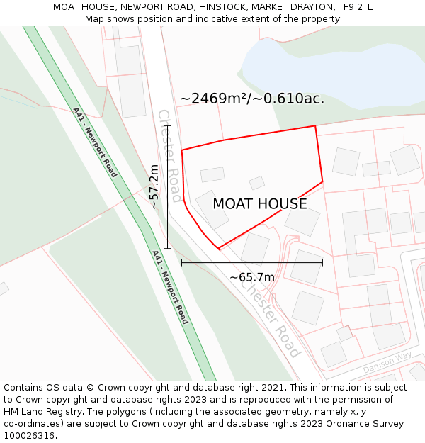 MOAT HOUSE, NEWPORT ROAD, HINSTOCK, MARKET DRAYTON, TF9 2TL: Plot and title map