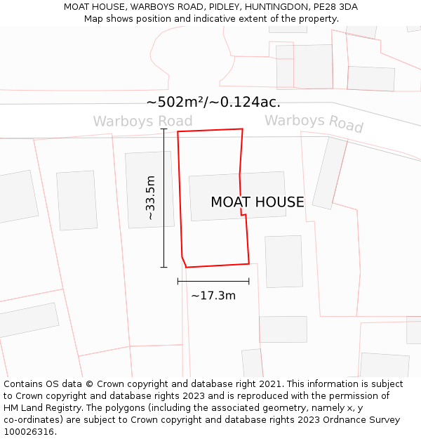 MOAT HOUSE, WARBOYS ROAD, PIDLEY, HUNTINGDON, PE28 3DA: Plot and title map