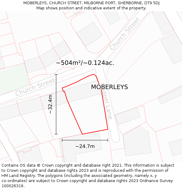 MOBERLEYS, CHURCH STREET, MILBORNE PORT, SHERBORNE, DT9 5DJ: Plot and title map