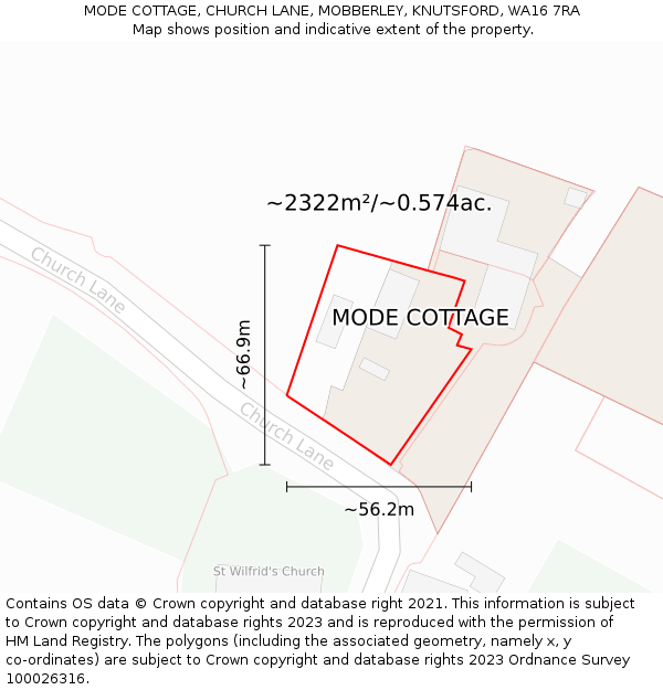 MODE COTTAGE, CHURCH LANE, MOBBERLEY, KNUTSFORD, WA16 7RA: Plot and title map