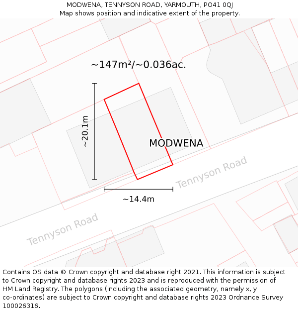 MODWENA, TENNYSON ROAD, YARMOUTH, PO41 0QJ: Plot and title map