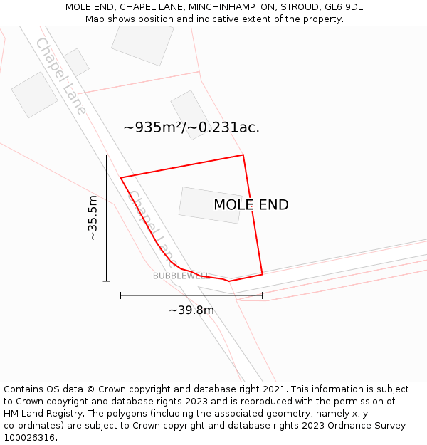 MOLE END, CHAPEL LANE, MINCHINHAMPTON, STROUD, GL6 9DL: Plot and title map