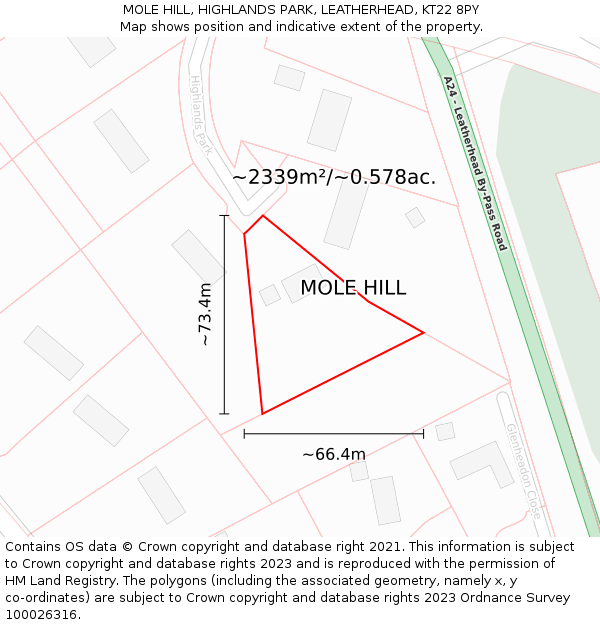 MOLE HILL, HIGHLANDS PARK, LEATHERHEAD, KT22 8PY: Plot and title map