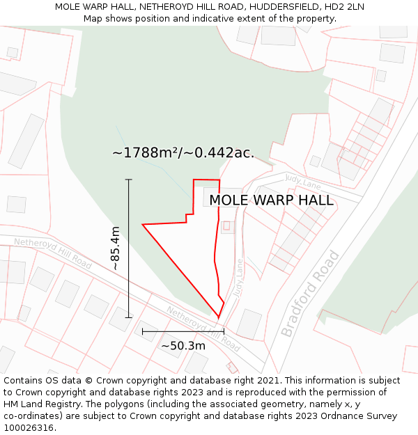 MOLE WARP HALL, NETHEROYD HILL ROAD, HUDDERSFIELD, HD2 2LN: Plot and title map