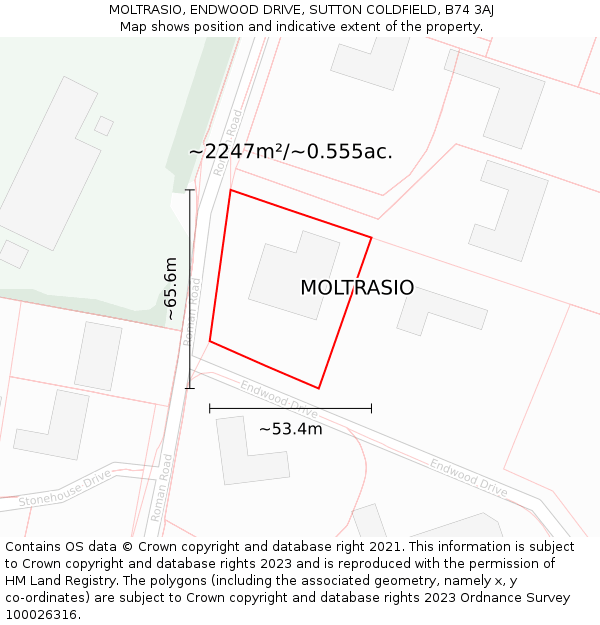 MOLTRASIO, ENDWOOD DRIVE, SUTTON COLDFIELD, B74 3AJ: Plot and title map