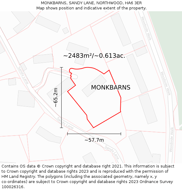 MONKBARNS, SANDY LANE, NORTHWOOD, HA6 3ER: Plot and title map