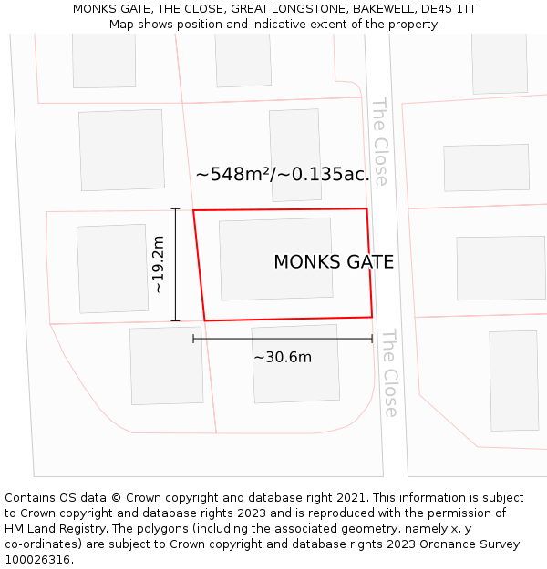 MONKS GATE, THE CLOSE, GREAT LONGSTONE, BAKEWELL, DE45 1TT: Plot and title map