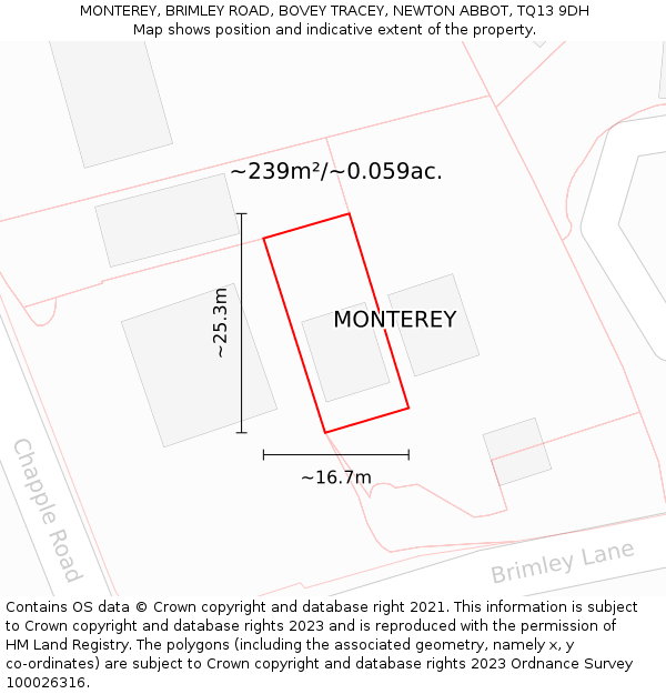 MONTEREY, BRIMLEY ROAD, BOVEY TRACEY, NEWTON ABBOT, TQ13 9DH: Plot and title map