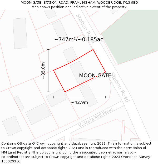 MOON GATE, STATION ROAD, FRAMLINGHAM, WOODBRIDGE, IP13 9ED: Plot and title map