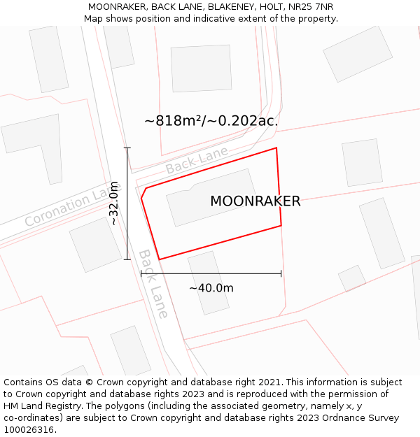 MOONRAKER, BACK LANE, BLAKENEY, HOLT, NR25 7NR: Plot and title map