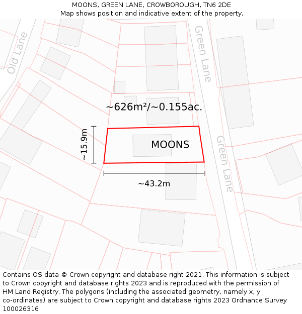 MOONS, GREEN LANE, CROWBOROUGH, TN6 2DE: Plot and title map