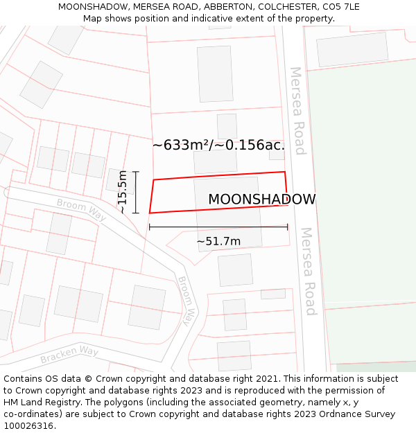 MOONSHADOW, MERSEA ROAD, ABBERTON, COLCHESTER, CO5 7LE: Plot and title map