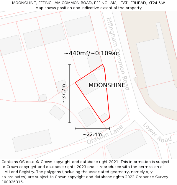 MOONSHINE, EFFINGHAM COMMON ROAD, EFFINGHAM, LEATHERHEAD, KT24 5JW: Plot and title map
