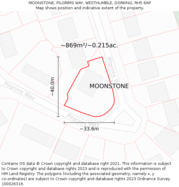 MOONSTONE, PILGRIMS WAY, WESTHUMBLE, DORKING, RH5 6AP: Plot and title map
