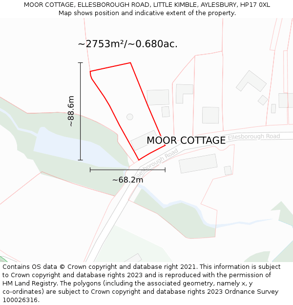 MOOR COTTAGE, ELLESBOROUGH ROAD, LITTLE KIMBLE, AYLESBURY, HP17 0XL: Plot and title map