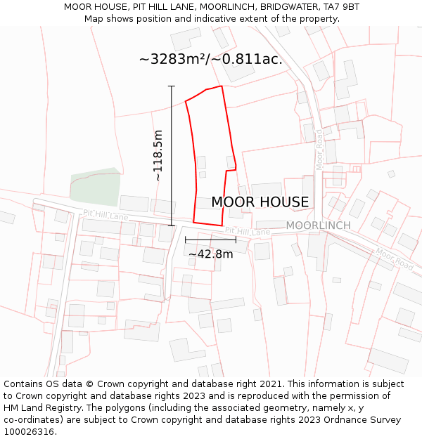 MOOR HOUSE, PIT HILL LANE, MOORLINCH, BRIDGWATER, TA7 9BT: Plot and title map